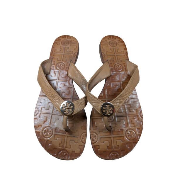 Tory Burch Monroe Thong Sandal Size 7M Brown Leather Slip-on Flip Flops - Picture 1 of 7